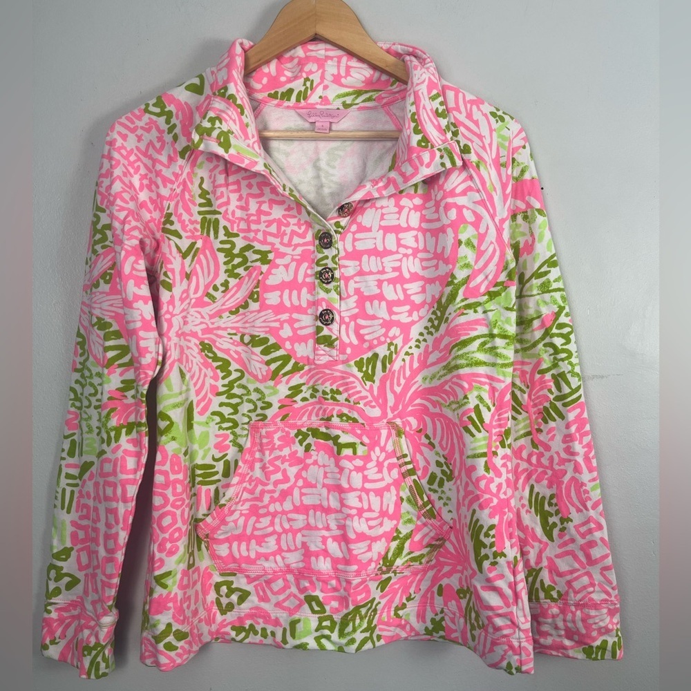Lilly Pulitzer small Pink Green Buttoned Pullover Tunic Top Kangaroo Pocket
